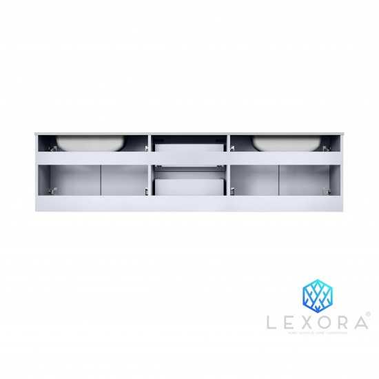 Geneva 72" Glossy White Double Vanity, White Carrara Marble Top, White Square Sinks and 30" LED Mirrors