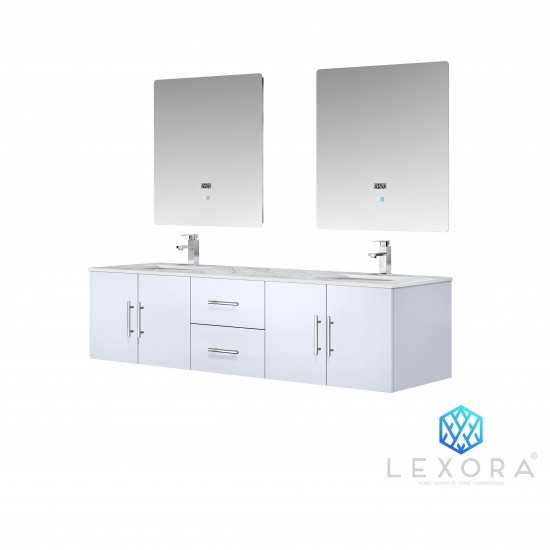 Geneva 72" Glossy White Double Vanity, White Carrara Marble Top, White Square Sinks and 30" LED Mirrors