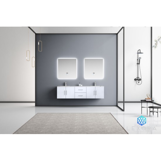 Geneva 72" Glossy White Double Vanity, White Carrara Marble Top, White Square Sinks and 30" LED Mirrors