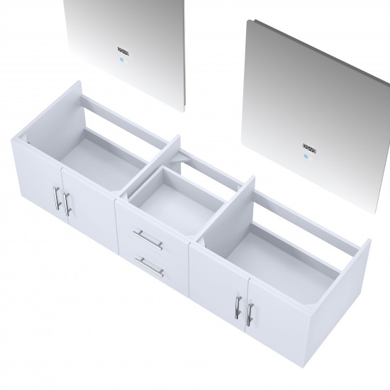 Geneva 72" Glossy White Double Vanity, no Top and 30" LED Mirrors