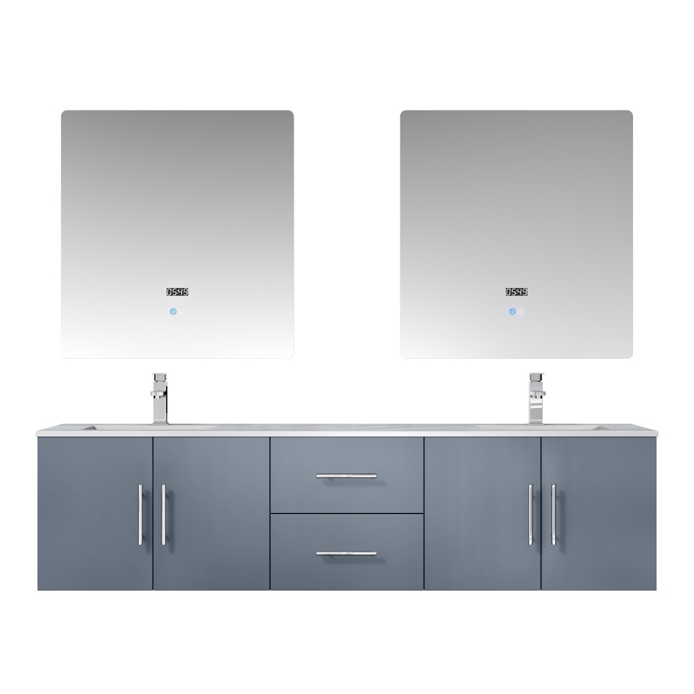 Geneva 72" Dark Grey Double Vanity, White Carrara Marble Top, White Square Sinks and 30" LED Mirrors w/ Faucets