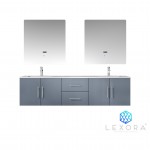 Geneva 72" Dark Grey Double Vanity, White Carrara Marble Top, White Square Sinks and 30" LED Mirrors w/ Faucets