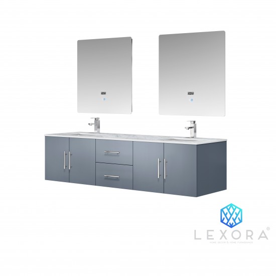 Geneva 72" Dark Grey Double Vanity, White Carrara Marble Top, White Square Sinks and 30" LED Mirrors w/ Faucets