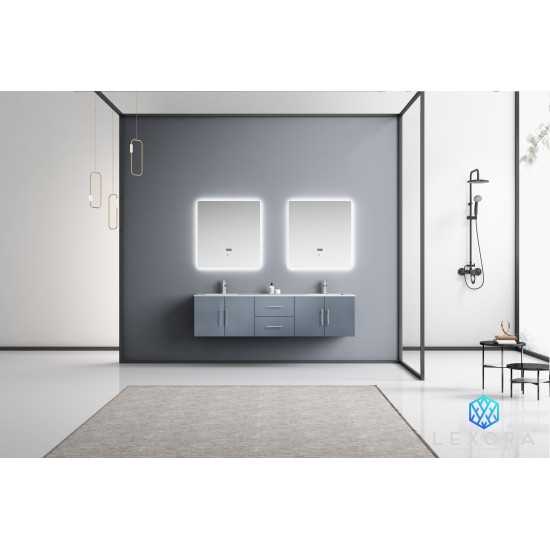 Geneva 72" Dark Grey Double Vanity, White Carrara Marble Top, White Square Sinks and 30" LED Mirrors w/ Faucets