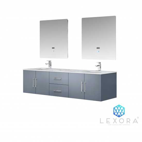 Geneva 72" Dark Grey Double Vanity, White Carrara Marble Top, White Square Sinks and 30" LED Mirrors