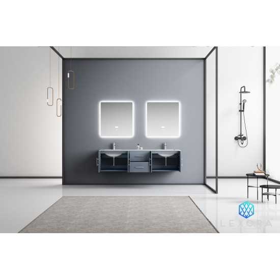 Geneva 72" Dark Grey Double Vanity, White Carrara Marble Top, White Square Sinks and 30" LED Mirrors