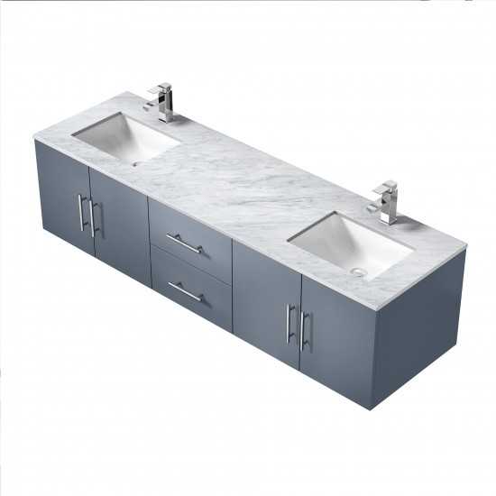 Geneva 72" Dark Grey Double Vanity, White Carrara Marble Top, White Square Sinks and no Mirror