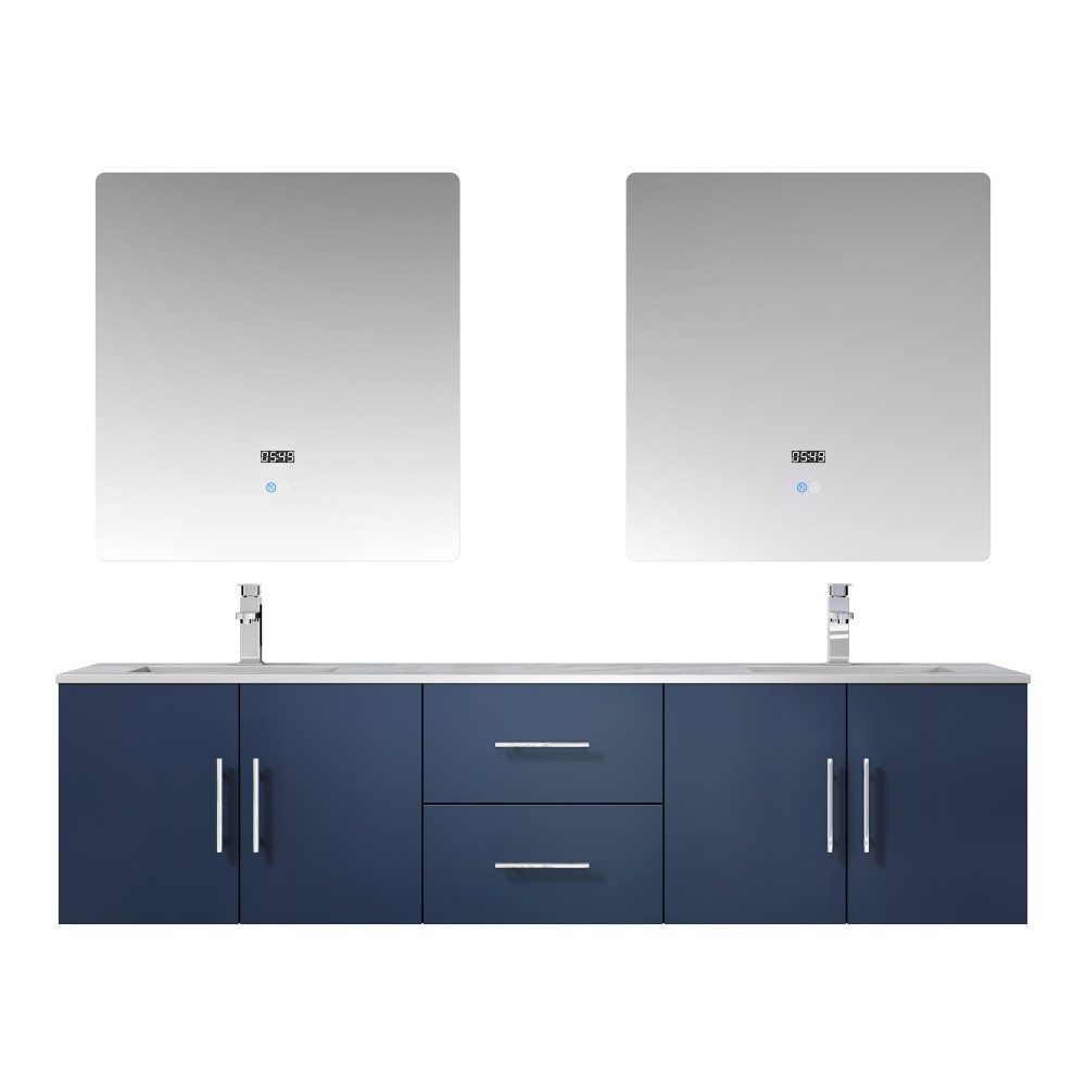 Geneva 72" Navy Blue Double Vanity, White Carrara Marble Top, White Square Sinks and 30" LED Mirrors w/ Faucets