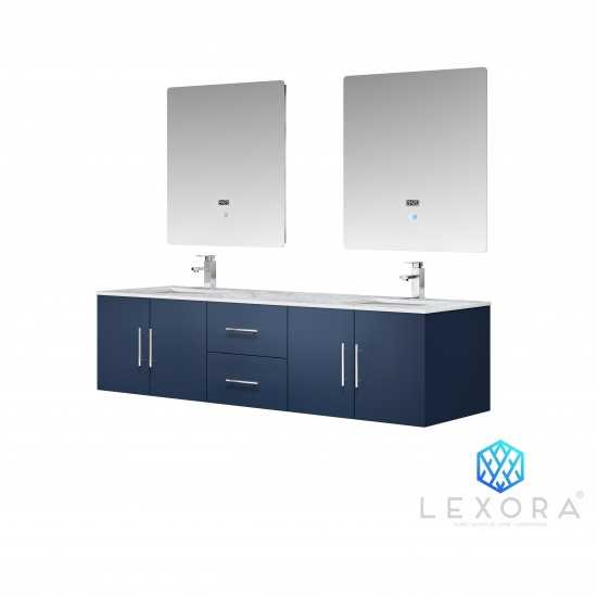 Geneva 72" Navy Blue Double Vanity, White Carrara Marble Top, White Square Sinks and 30" LED Mirrors w/ Faucets