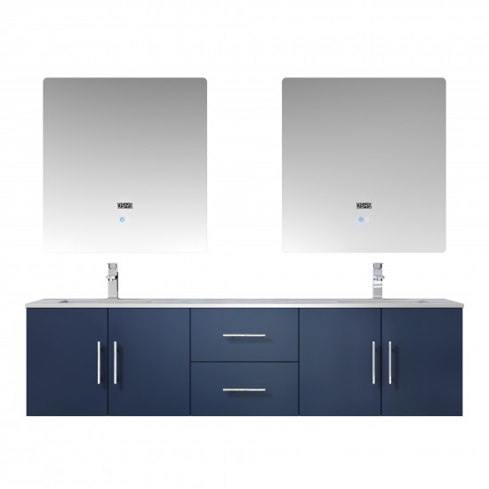 Geneva 72" Navy Blue Double Vanity, White Carrara Marble Top, White Square Sinks and 30" LED Mirrors