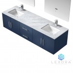 Geneva 72" Navy Blue Double Vanity, White Carrara Marble Top, White Square Sinks and 30" LED Mirrors