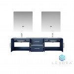 Geneva 72" Navy Blue Double Vanity, White Carrara Marble Top, White Square Sinks and 30" LED Mirrors