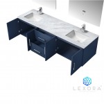 Geneva 72" Navy Blue Double Vanity, White Carrara Marble Top, White Square Sinks and 30" LED Mirrors