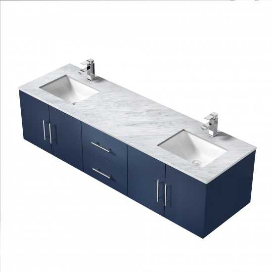 Geneva 72" Navy Blue Double Vanity, White Carrara Marble Top, White Square Sinks and no Mirror