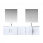 Geneva 80" Glossy White Double Vanity, White Carrara Marble Top, White Square Sinks and 30" LED Mirrors w/ Faucets