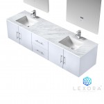 Geneva 80" Glossy White Double Vanity, White Carrara Marble Top, White Square Sinks and 30" LED Mirrors w/ Faucets