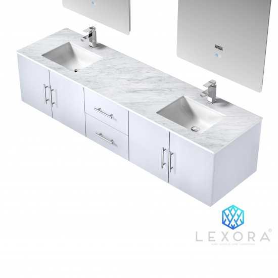 Geneva 80" Glossy White Double Vanity, White Carrara Marble Top, White Square Sinks and 30" LED Mirrors w/ Faucets
