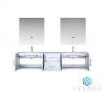 Geneva 80" Glossy White Double Vanity, White Carrara Marble Top, White Square Sinks and 30" LED Mirrors w/ Faucets