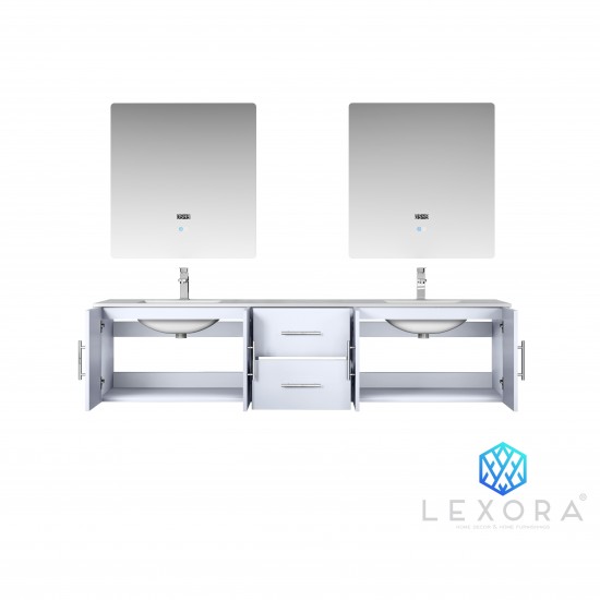 Geneva 80" Glossy White Double Vanity, White Carrara Marble Top, White Square Sinks and 30" LED Mirrors w/ Faucets