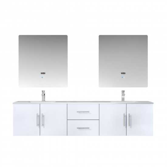 Geneva 80" Glossy White Double Vanity, White Carrara Marble Top, White Square Sinks and 30" LED Mirrors