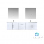 Geneva 80" Glossy White Double Vanity, White Carrara Marble Top, White Square Sinks and 30" LED Mirrors