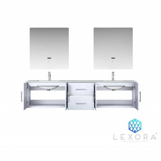 Geneva 80" Glossy White Double Vanity, White Carrara Marble Top, White Square Sinks and 30" LED Mirrors