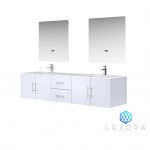 Geneva 80" Glossy White Double Vanity, White Carrara Marble Top, White Square Sinks and 30" LED Mirrors