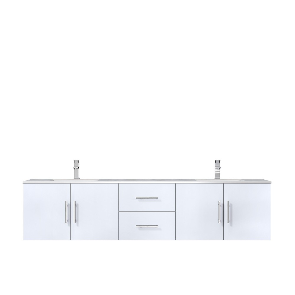 Geneva 80" Glossy White Double Vanity, White Carrara Marble Top, White Square Sinks and no Mirror