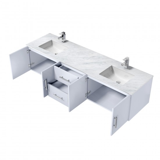 Geneva 80" Glossy White Double Vanity, White Carrara Marble Top, White Square Sinks and no Mirror