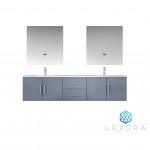 Geneva 80" Dark Grey Double Vanity, White Carrara Marble Top, White Square Sinks and 30" LED Mirrors w/ Faucets