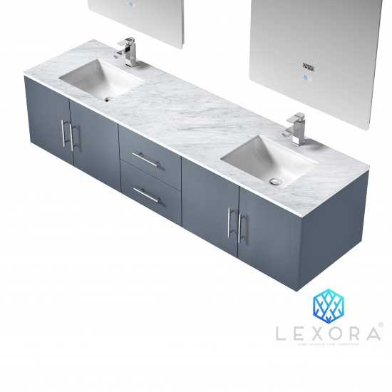 Geneva 80" Dark Grey Double Vanity, White Carrara Marble Top, White Square Sinks and 30" LED Mirrors w/ Faucets