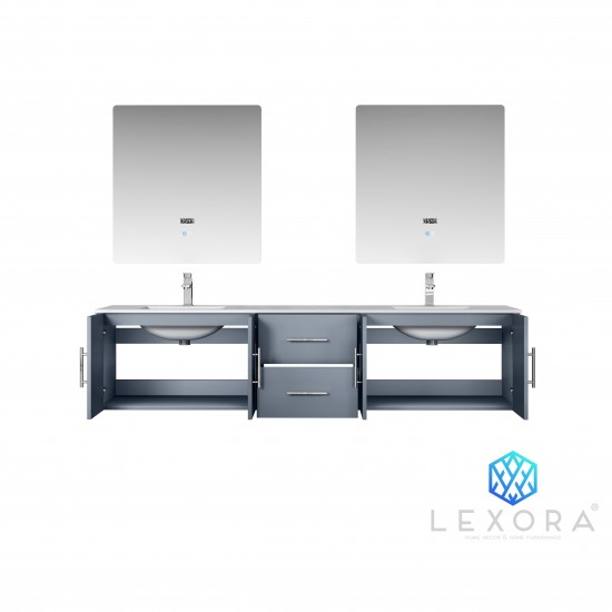 Geneva 80" Dark Grey Double Vanity, White Carrara Marble Top, White Square Sinks and 30" LED Mirrors w/ Faucets