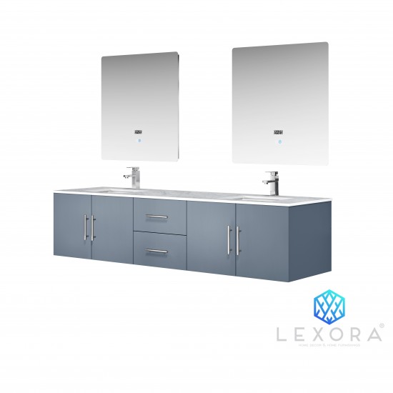 Geneva 80" Dark Grey Double Vanity, White Carrara Marble Top, White Square Sinks and 30" LED Mirrors w/ Faucets