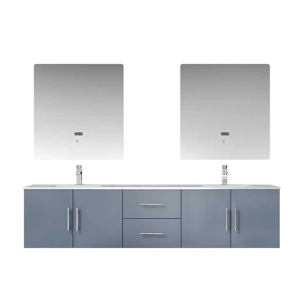 Geneva 80" Dark Grey Double Vanity, White Carrara Marble Top, White Square Sinks and 30" LED Mirrors