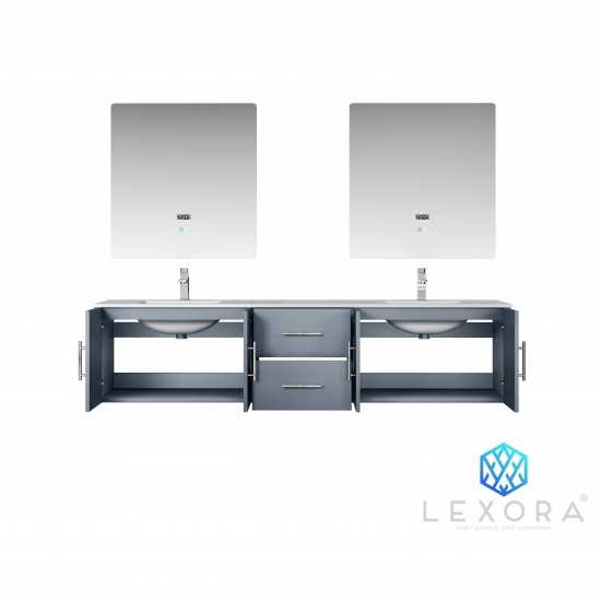 Geneva 80" Dark Grey Double Vanity, White Carrara Marble Top, White Square Sinks and 30" LED Mirrors