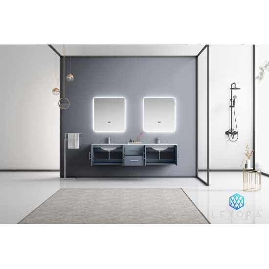 Geneva 80" Dark Grey Double Vanity, White Carrara Marble Top, White Square Sinks and 30" LED Mirrors