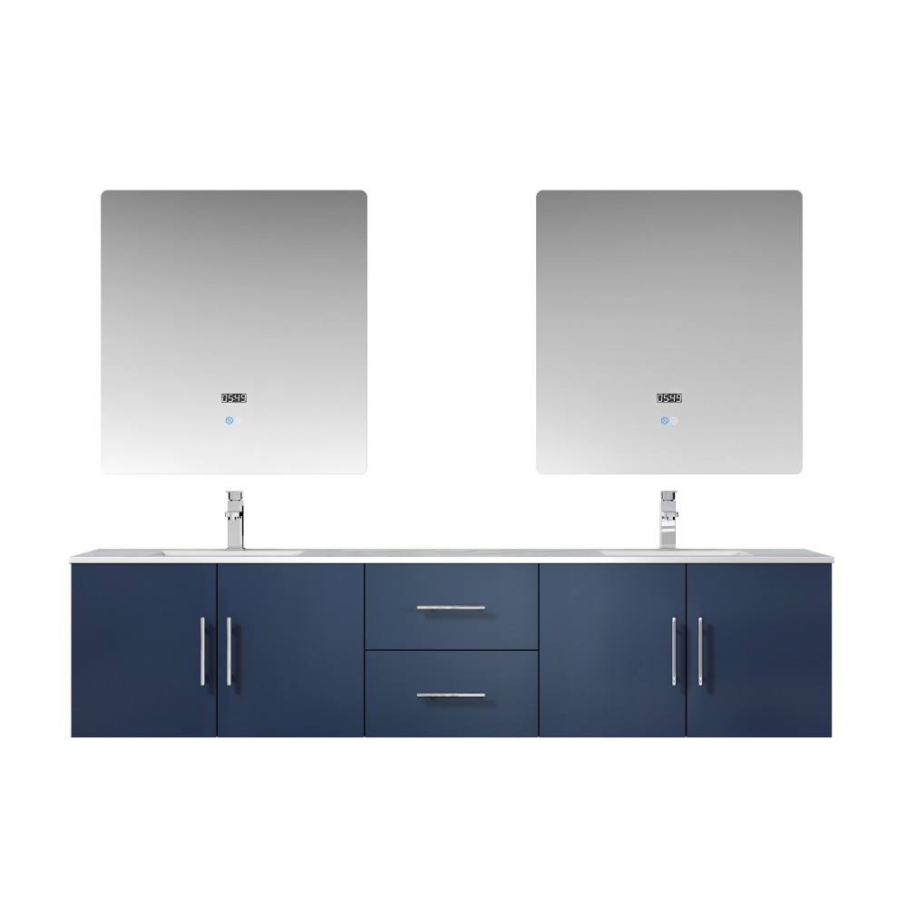 Geneva 80" Navy Blue Double Vanity, White Carrara Marble Top, White Square Sinks and 30" LED Mirrors w/ Faucets