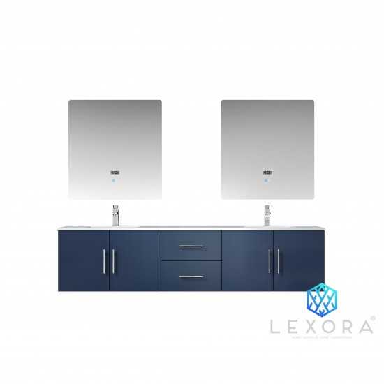Geneva 80" Navy Blue Double Vanity, White Carrara Marble Top, White Square Sinks and 30" LED Mirrors w/ Faucets