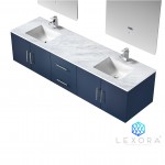 Geneva 80" Navy Blue Double Vanity, White Carrara Marble Top, White Square Sinks and 30" LED Mirrors w/ Faucets