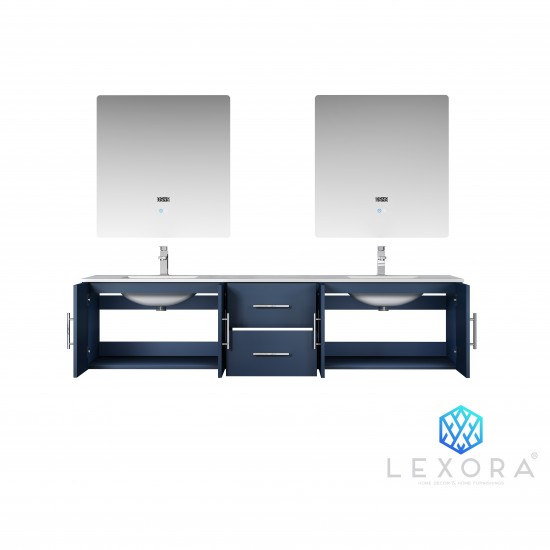 Geneva 80" Navy Blue Double Vanity, White Carrara Marble Top, White Square Sinks and 30" LED Mirrors w/ Faucets