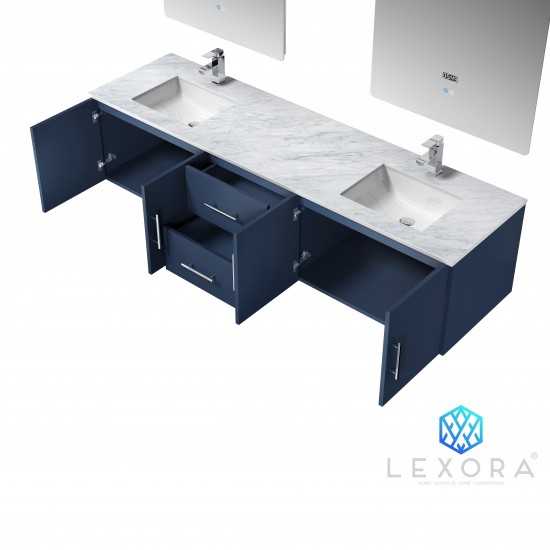 Geneva 80" Navy Blue Double Vanity, White Carrara Marble Top, White Square Sinks and 30" LED Mirrors w/ Faucets