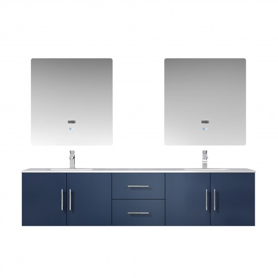 Geneva 80" Navy Blue Double Vanity, White Carrara Marble Top, White Square Sinks and 30" LED Mirrors