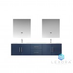 Geneva 80" Navy Blue Double Vanity, White Carrara Marble Top, White Square Sinks and 30" LED Mirrors