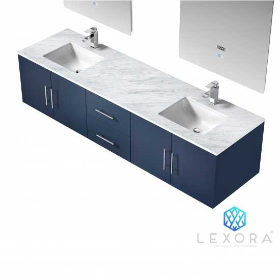 Geneva 80" Navy Blue Double Vanity, White Carrara Marble Top, White Square Sinks and 30" LED Mirrors