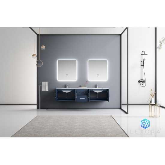 Geneva 80" Navy Blue Double Vanity, White Carrara Marble Top, White Square Sinks and 30" LED Mirrors