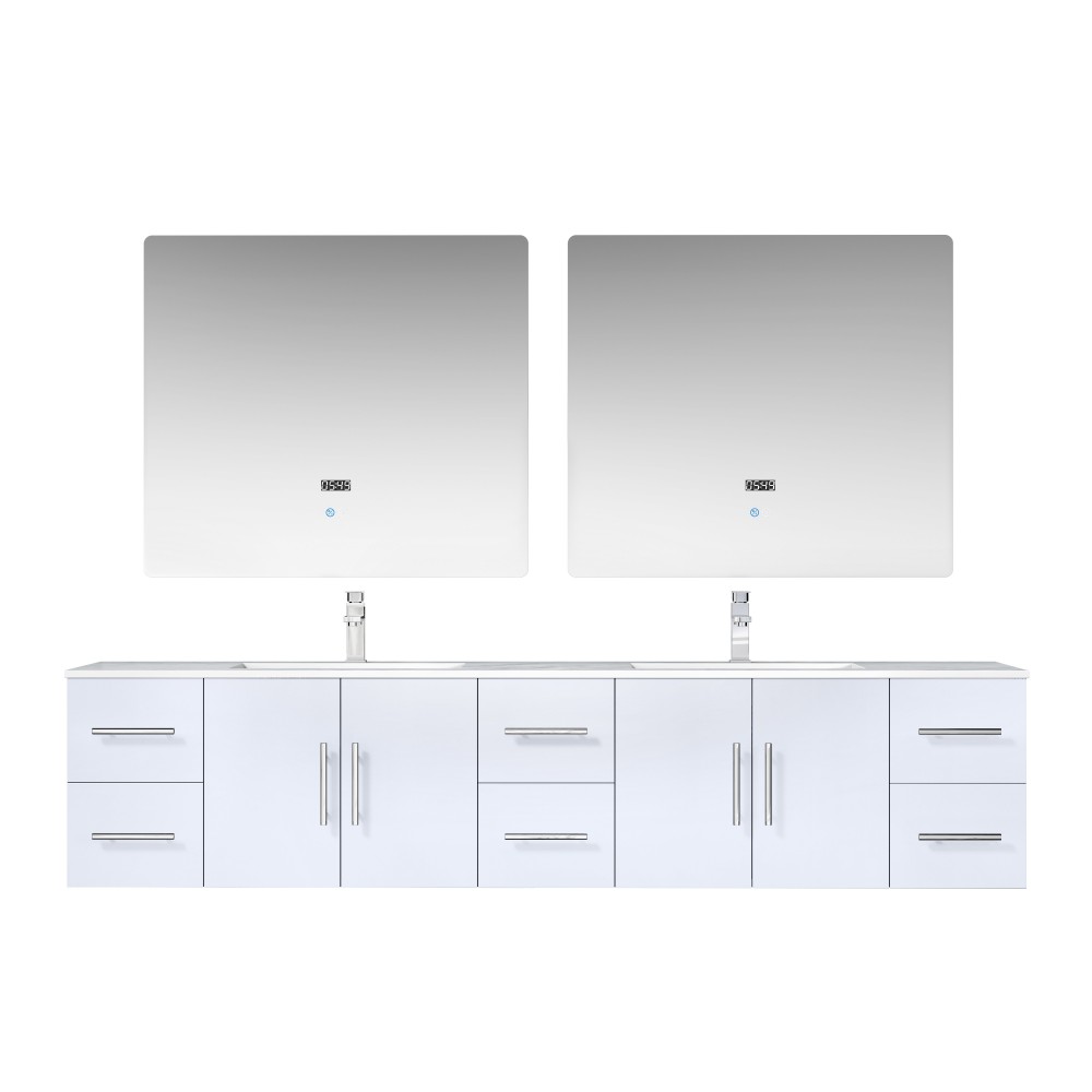 Geneva 84" Glossy White Double Vanity, White Carrara Marble Top, White Square Sinks and 36" LED Mirrors w/ Faucets