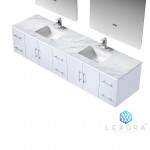Geneva 84" Glossy White Double Vanity, White Carrara Marble Top, White Square Sinks and 36" LED Mirrors w/ Faucets