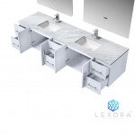 Geneva 84" Glossy White Double Vanity, White Carrara Marble Top, White Square Sinks and 36" LED Mirrors w/ Faucets