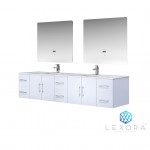 Geneva 84" Glossy White Double Vanity, White Carrara Marble Top, White Square Sinks and 36" LED Mirrors w/ Faucets