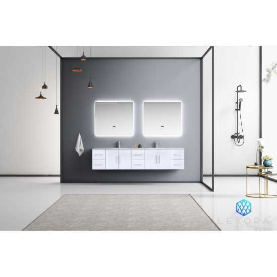 Geneva 84" Glossy White Double Vanity, White Carrara Marble Top, White Square Sinks and 36" LED Mirrors w/ Faucets